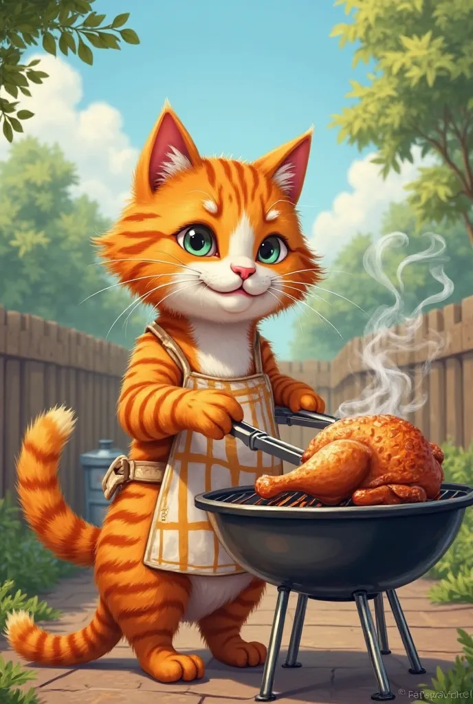 Orange cat roasting chicken on a barbecue