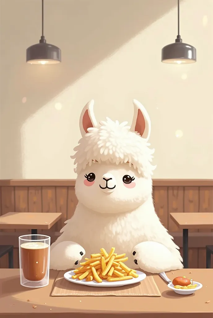 un lama mange des frites dans une restaurant. Decor sobre. Couleurs douces. illustration pour enfant