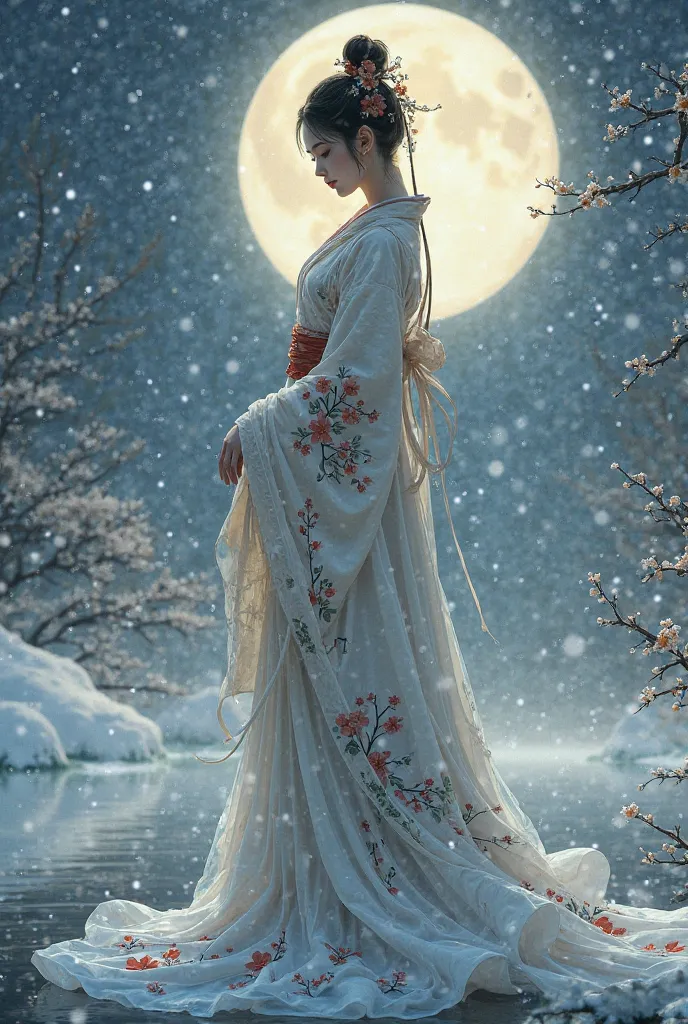 Japanese clothing combined with China with the symbolism of the Moon, water and winter 