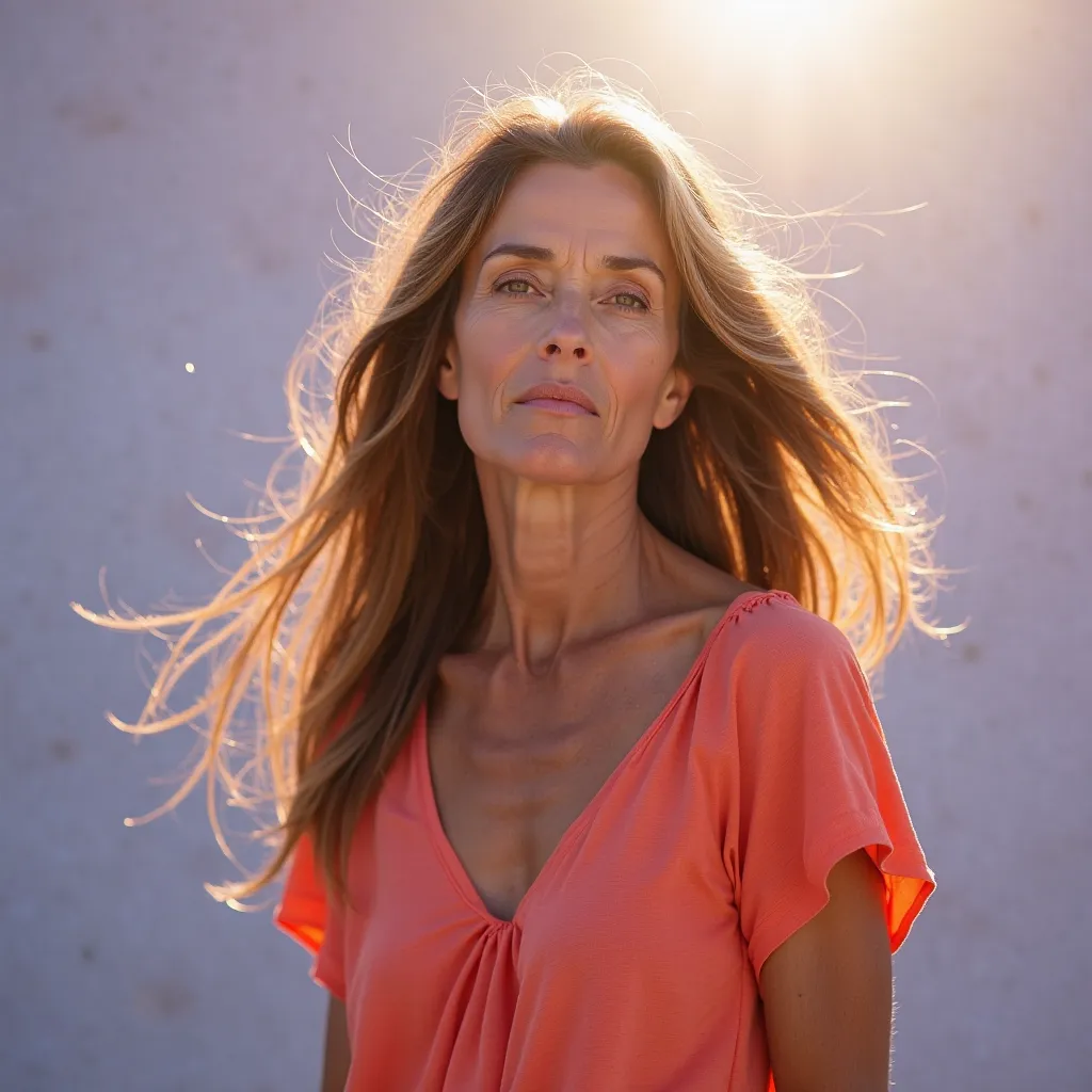 A serene and elegant 45-year-old woman in a partial-body portrait, looking directly at the camera with a calm and confident expression. She has long, flowing hair blown by the wind, capturing a natural and dynamic movement. The lighting is dramatic, with s...