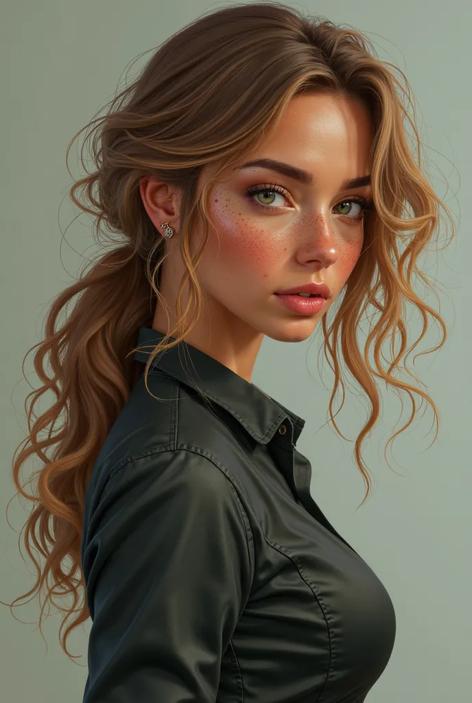 Create images of my following character Amber: (Is she a woman of average height, with about 1,65m tall. She has wavy dark blond hair that falls to her shoulders and penetrating brown eyes. Your skin is clear, with some freckles scattered across her nose a...