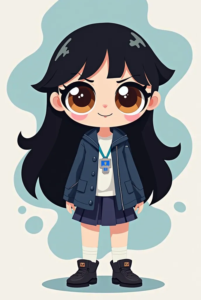 I want u to create a power puff girl , the design is long black hair , light brown eyes , cute uniform dark blue coat without buttoning it and a white shirt inside , a cute blue id , with a skirt and chunky black shoes , And make it cartoon style like the ...