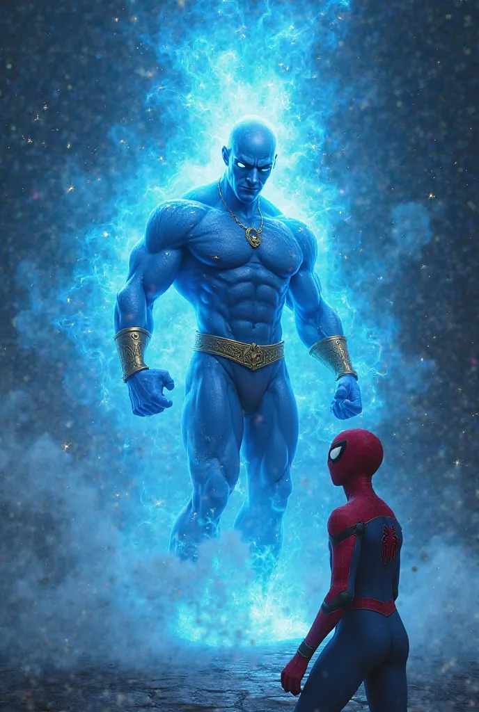 A powerful, glowing blue genie emerging from a swirling mist. His body is made of smoke and energy, with golden jewelry and piercing eyes. The background is dark with magical sparkles floating in the air. Spiderman looks surprised and curious as he sees th...