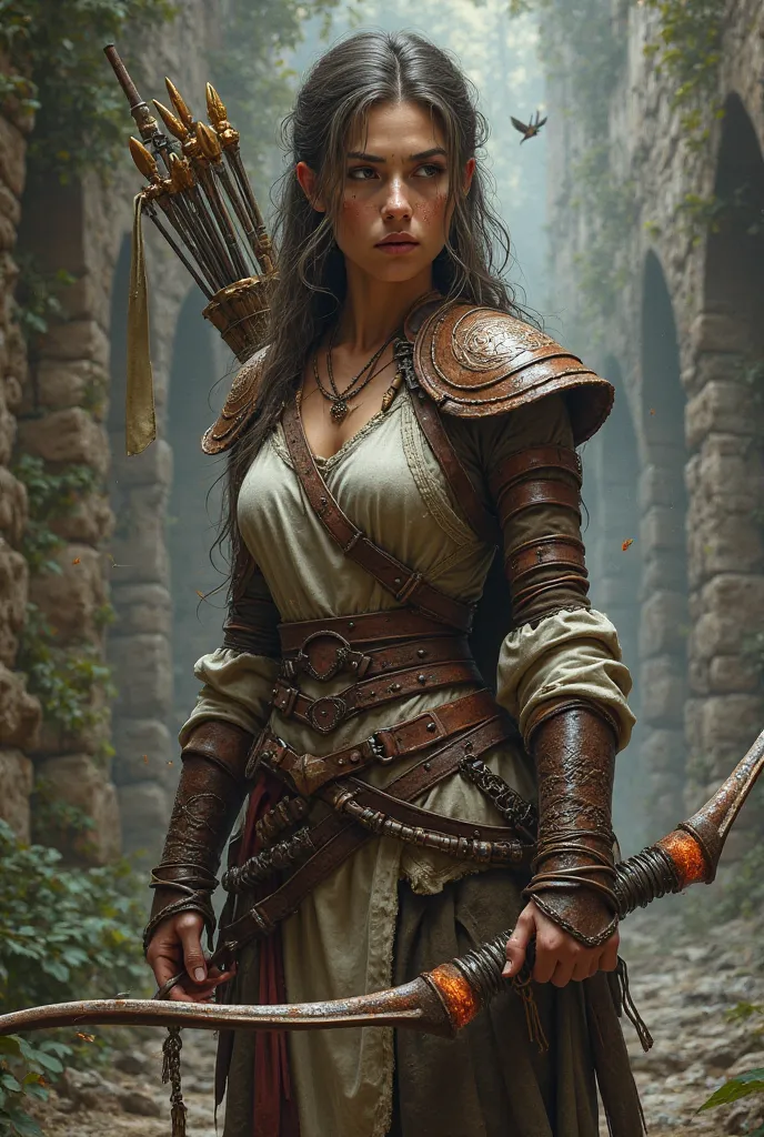 I need a character for a dungeons and dragons campaign. She is a very high level human Ranger, wearing Leather armor and carrying a Longbow. She is in a battle stance. 