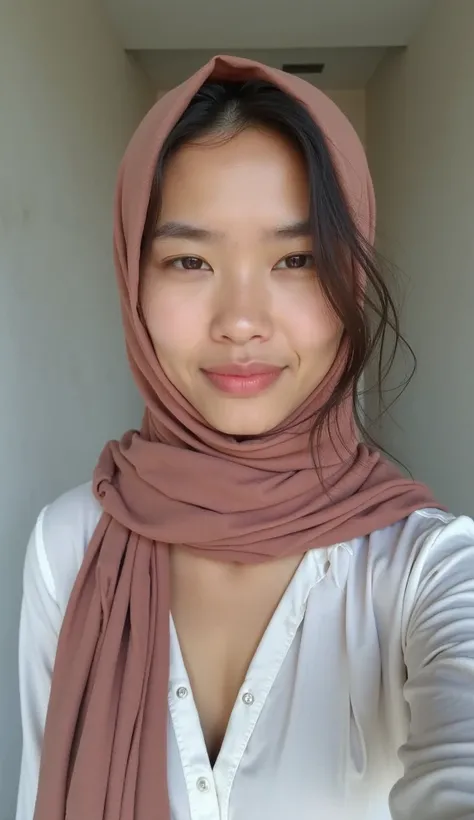 asian hijab girl, fair white skin, tied pashmina, tall slender body, medium sized bust, wearing an unbuttoned shirt, close front camera selfie