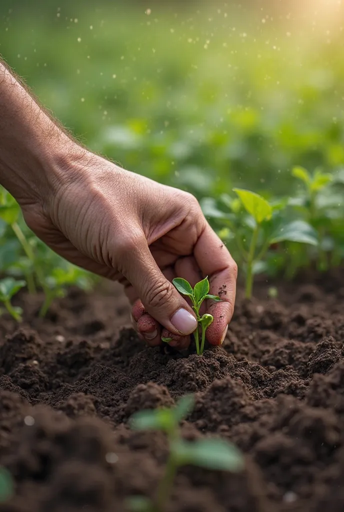 From the left side of the image, a hand appears planting seeds