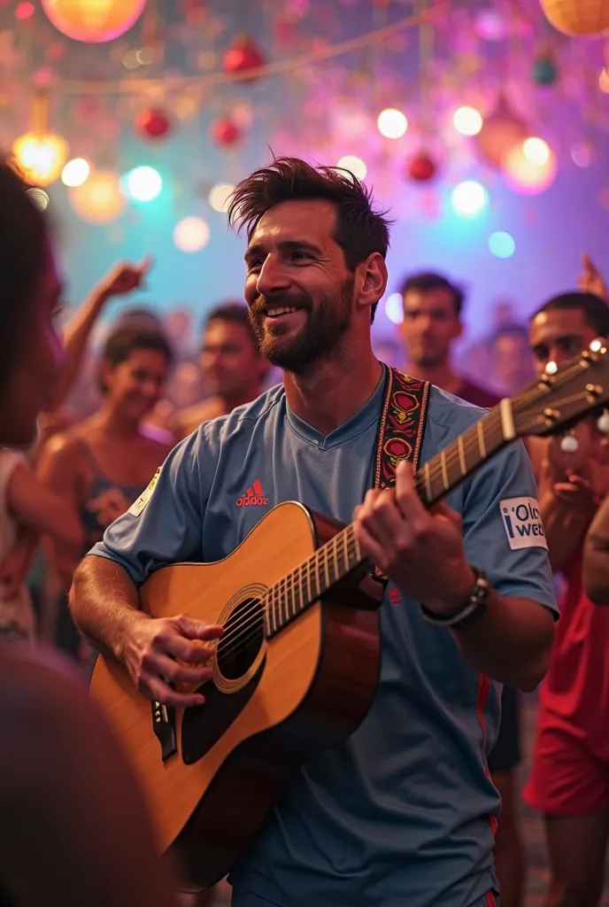 Create a video of Messi playing the guitar at a party