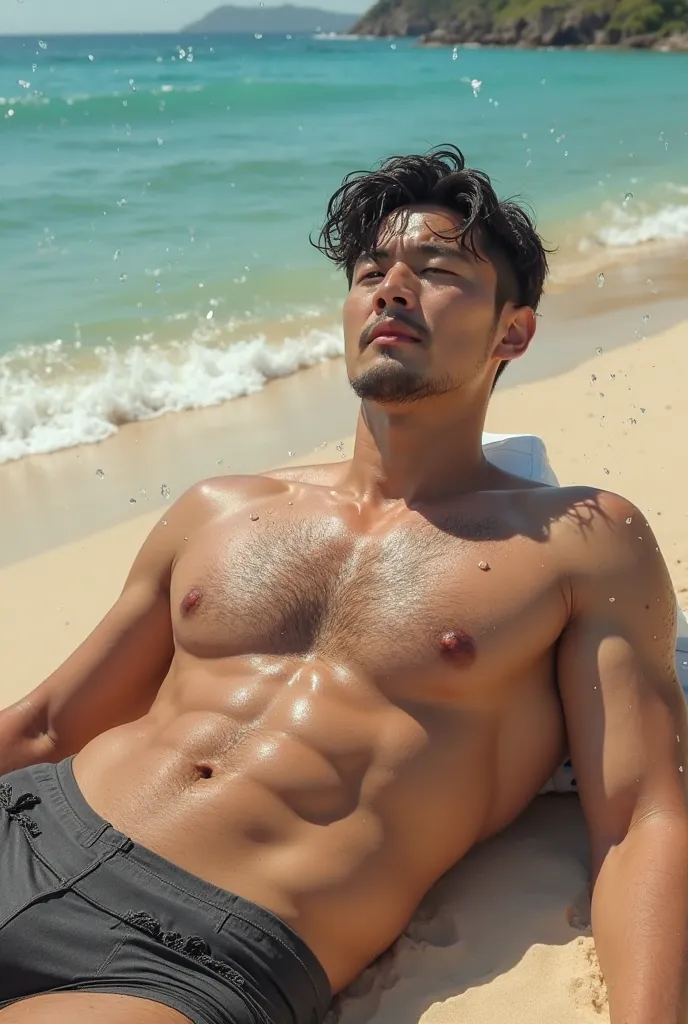 A man on the beach, he's Korean and has a lot of hair on his chest, armpits, He's wearing all wet underwear,  He is very muscular and handsome , He is lying on the sand resting 