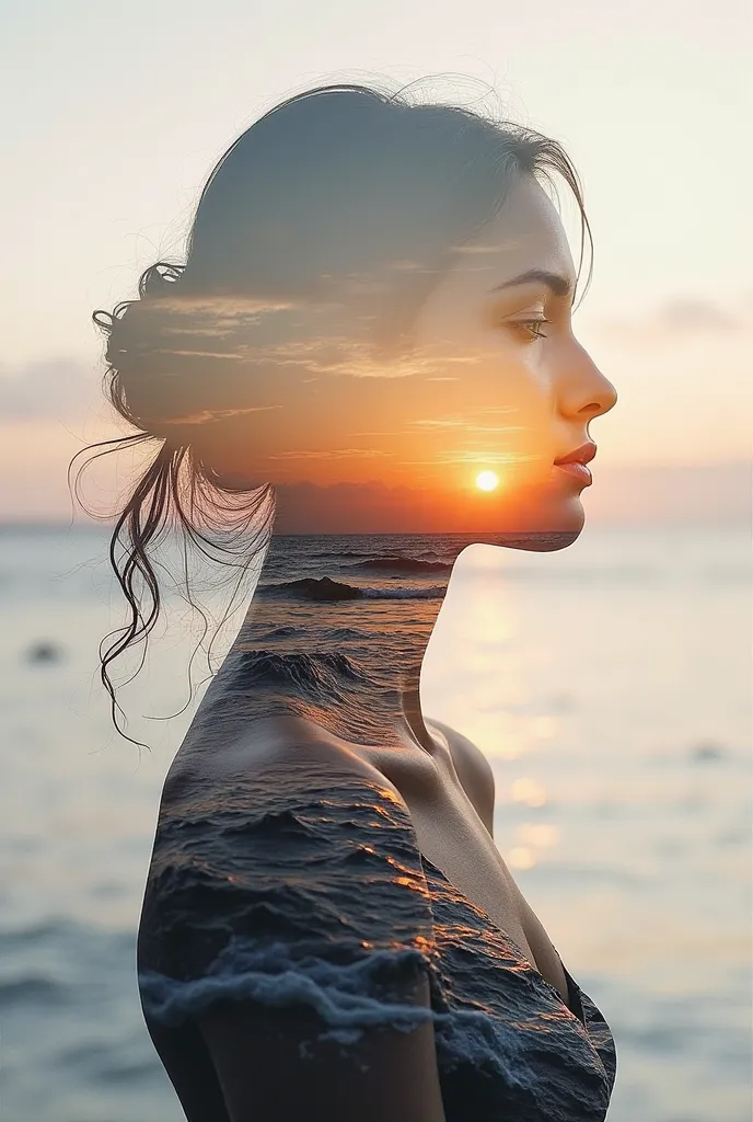 High quality, 8K Ultra HD, Beautiful double exposure combining the silhouette of a goddess and a sunset coast, The sunset coast should be the background, with its details merging into the goddess, Clear lines, Monochrome background, Sharp focus, Double exp...