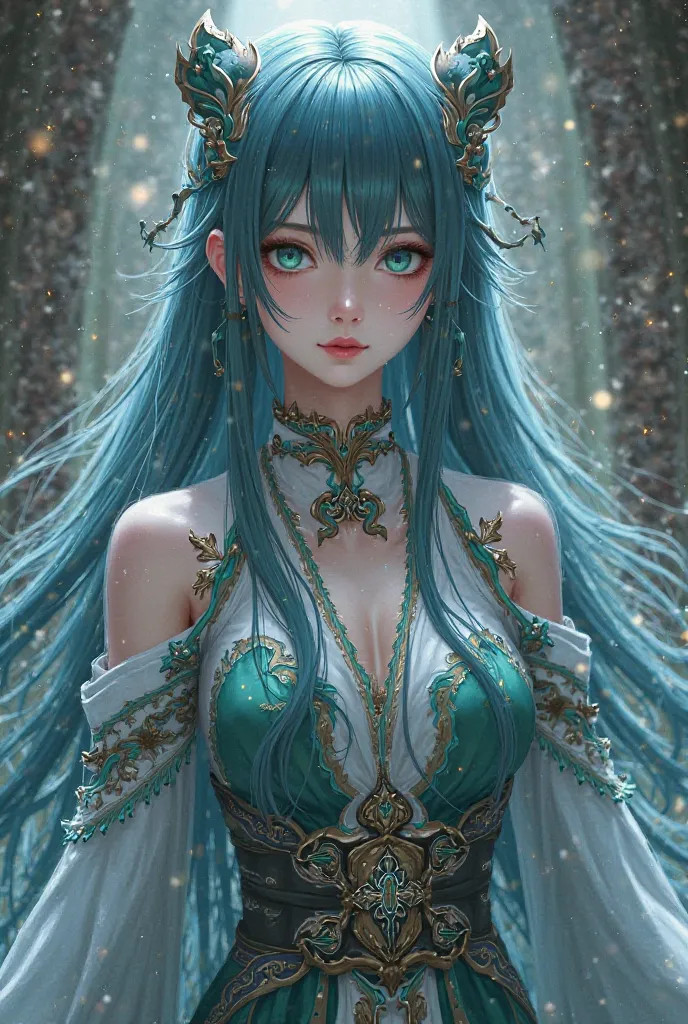 Long haired anime girl with straight bluish black bangs, small turquoise eyes, Medieval swordsman goddess clothing