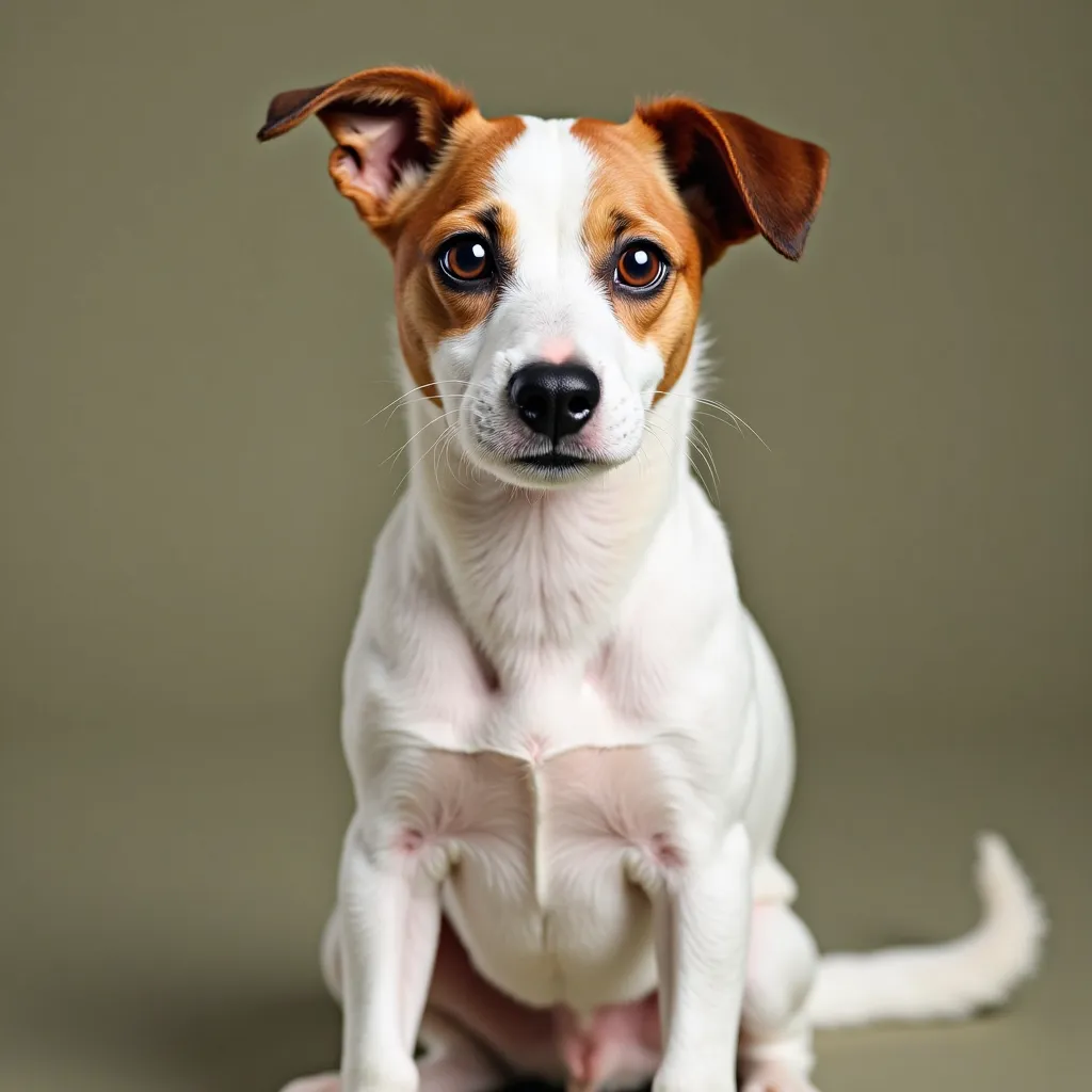 In front of us sits a Jack Russell Terrier, turning the head slightly to the side, as if listening intently or interested in something invisible to the eye. His intelligent dark brown eyes shine with liveliness, and the black wet nose contrasts with the wh...