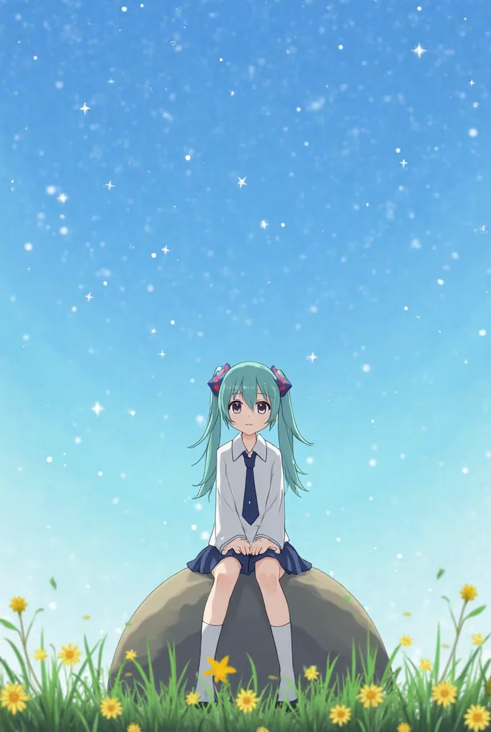  1girl (hatsune miku), solo, evangelion school uniform, dark blue pioneer tie, , (sitting on little planet), yellow flowers, tupils, grass, shooting star, light blue sky, white space, light blue space, star sky, star 