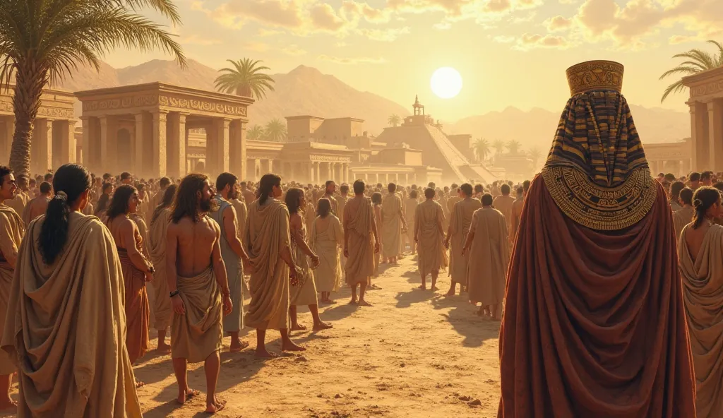 A highly realistic depiction of the Israelites in Egypt, with a clear contrast between their early years of prosperity and the looming shift that would soon follow. The scene shows a large group of people, descendants of the 12 sons of Jacob, who are initi...