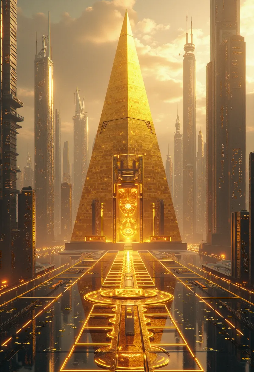 A futuristic background of a golden glass pyramid with laser beams leads to a hyper-realistic scific city with huge skyscrapers. The hyper resolution of the background is 4k and has an aspect ratio of 16:9.golden pyramid, masterpiece, anatomically correct,...