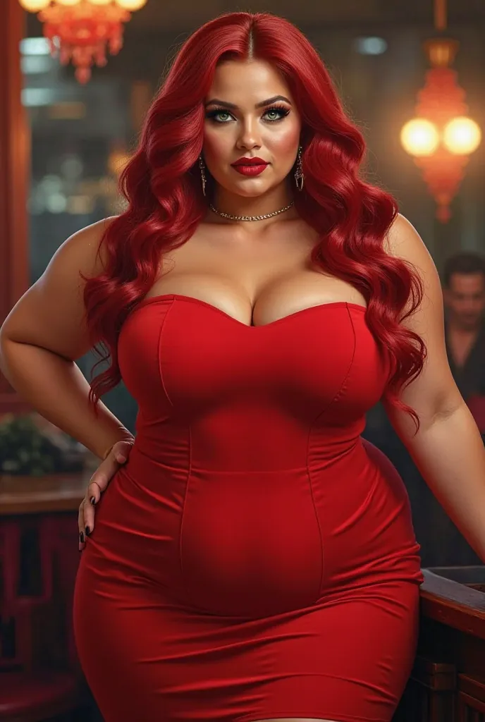 Create a chubby woman with green eyes with black gel wearing black gel green eyes in a red dress with long curly red hair 95 size breasts