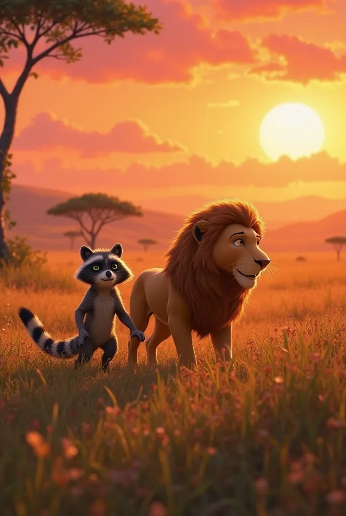 

Scene 6: Unlikely Friendship
- Leo and Ralph walking together, side by side.
- A beautiful savannah landscape with a sunset in the background.
- Both Leo and Ralph looking happy and content.