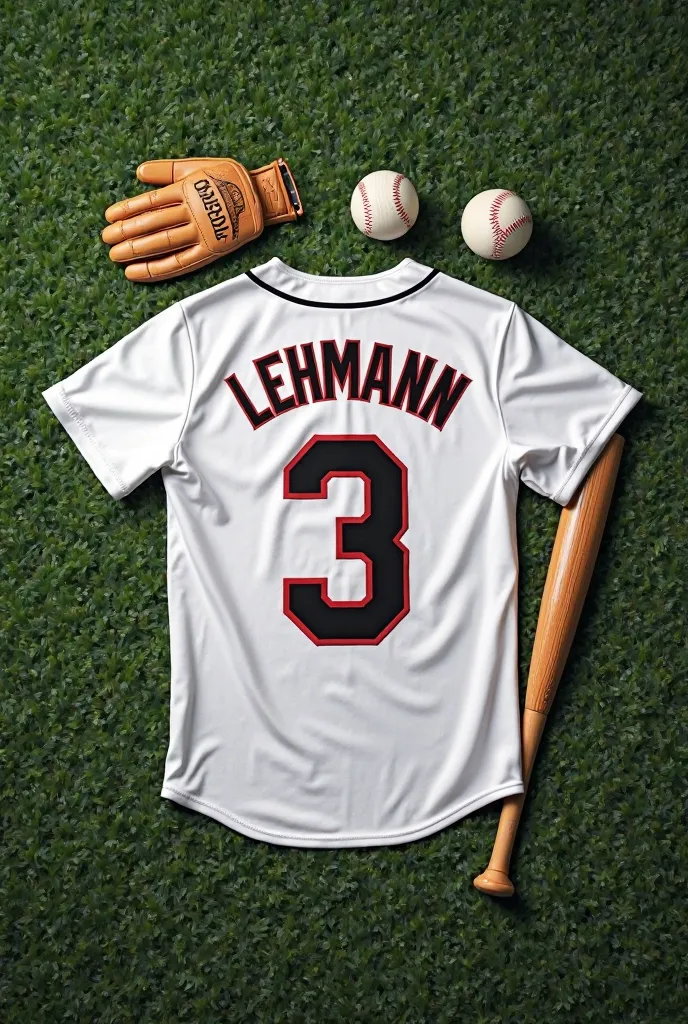 Make a white baseball jersey. On the shirt in the middle is a black number 3 with a slight red border. Above it is the word “Lehmann” in red lettering in capital letters and under the 3 is “BREWER”. You can also see a classic baseball bat in the picture, a...