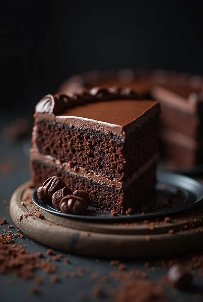 cinematic film still chocolate, chocolate cake, dark background, quality photo, moist texture, frosting, studio photo, slice . shallow depth of field, vignette, highly detailed, high budget, bokeh, cinemascope, moody, epic, gorgeous, film grain, grainy