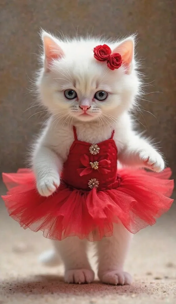 White kitten dressed as a red ballerina with a floral bow on her head and waist 