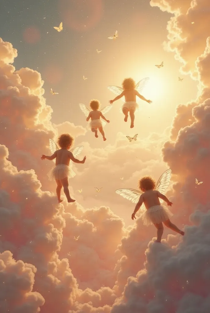 "A heavenly and ethereal scene depicts a group of angelic babies floating in an enchanted paradise. The setting is composed of soft, shimmering clouds, with shades of gold and pink reflecting the light of a heavenly sun. Small cascades of golden nectar flo...