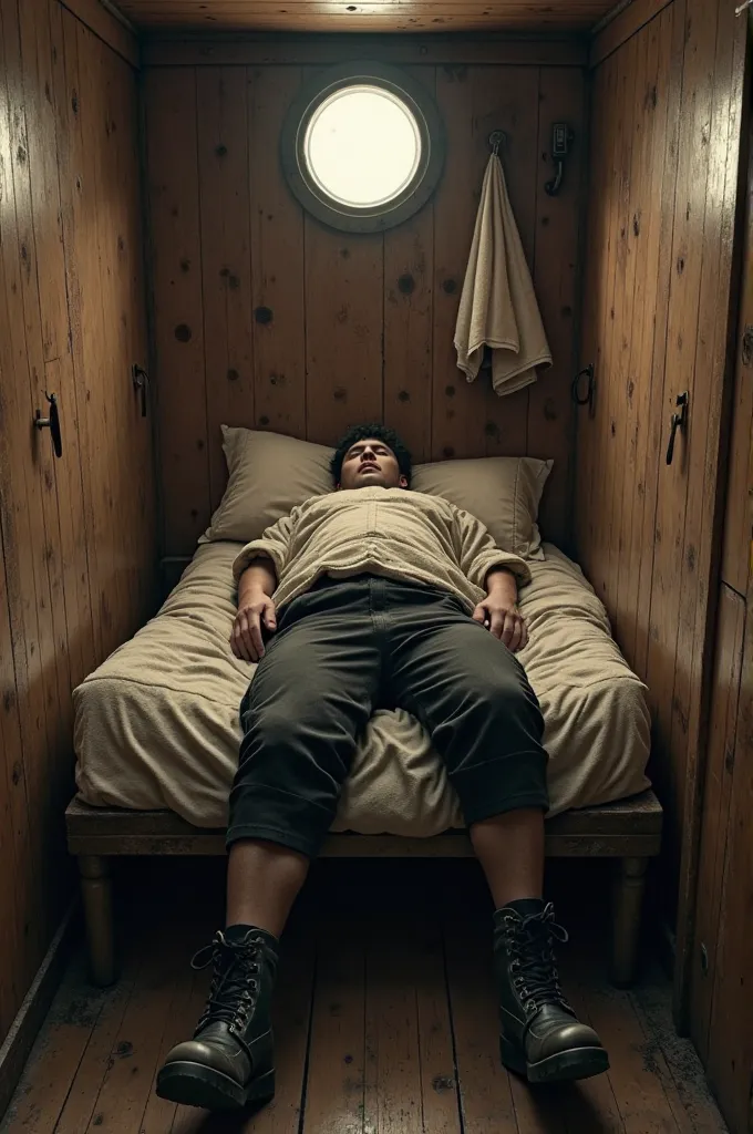 A first-person view of someone waking up in a small wooden cabin aboard the Titanic in 1912. The person is lying on a simple bed with a thick blanket, wearing dark work trousers, beige stockings, and sturdy black boots. There is a small round window on the...