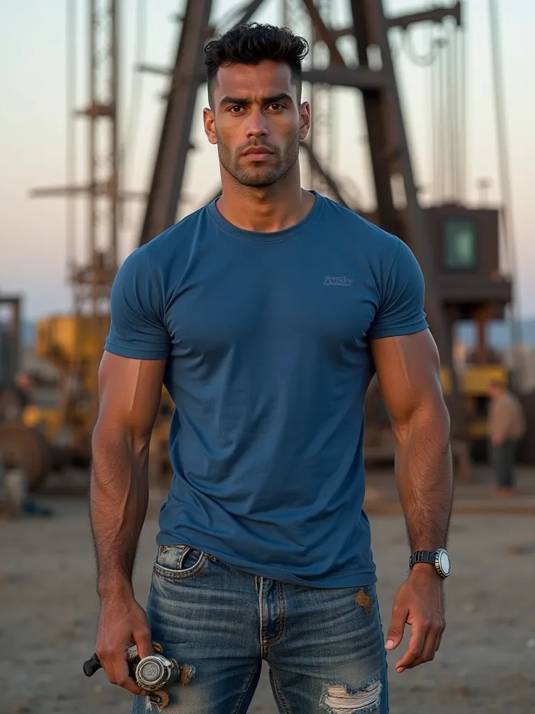 Photo, young adult male, 6 pack abs, muscular, tall, Brazilian , sultry eyes, slightly tan, long eyelashes, short fade with black curly hair, dark brown eyes, bodybuilder body, thick muscular thighs , few wrinkles, standing on an oil rig, morning time, dis...