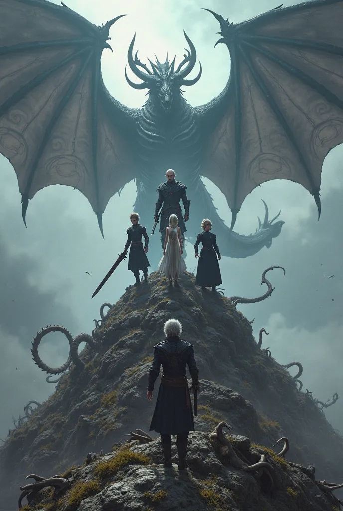 A sword man, an elven mage and a dark knight each standing on a mountain of bones against a shadowy figure ( dragon) animated