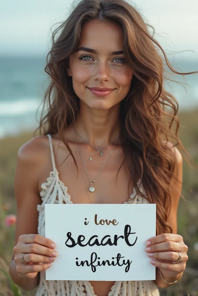 Beautiful girl with wavy long hair, bohemian dress, holding a white board with text "I Love Seaart Infinity" and showing it to the viewer