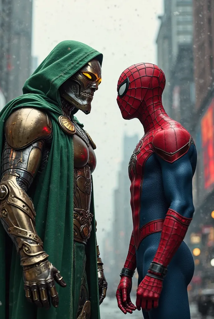 Dr.doom and spiderman standing side by side 