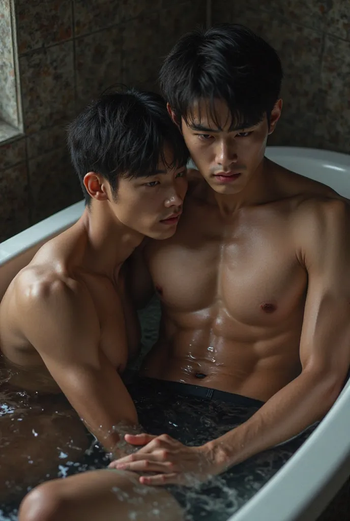 Hot sexy muscle korean men 25 years old in black hair in bathtub wearing a black oiled compression shirt