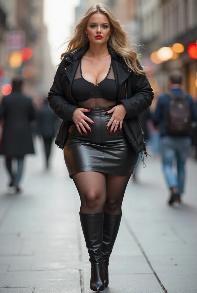 A woman who is extremely curvy. She wears a black leather skirt including dark nylon pantyhose and high heels as well as a black transparent body with long sleeves . She poses very sexy while touching her hips. She has dark red long shiny nails and wears h...