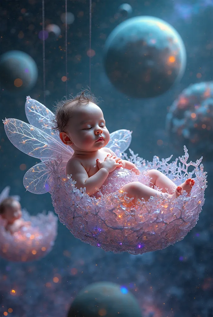 A floating garden in the vacuum of space, with liquid crystal islands radiating auroral colors. Translucent babies, with skin that shines like hazy pearls, floating softly in cribs made of cosmic vines. Each baby has delicate, translucent wings, like those...