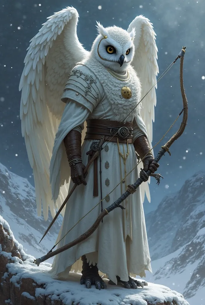 Owlkin, Tall, Thin, Longbow, Leather armor, Priest robes, White clothes, Black eyes, Black sclera, Creepy, Snowy Mountains, White feathers, Completly black eyes, black iris, White wings, White Bow, Night, White Armor, Black beak, Holding bow with 2 hands.