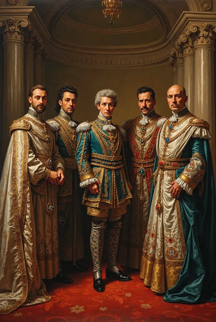 Make an image of Carlos 2 Philip 5 archduke Carlos Luis 1 Ferdinand 6 and Carlos 3