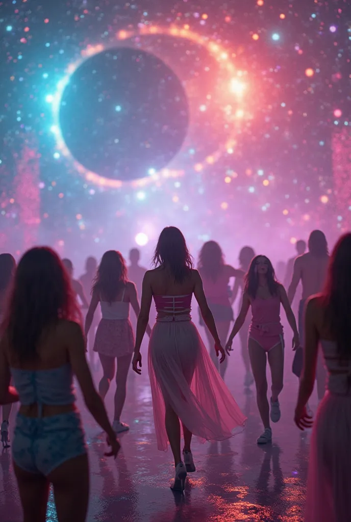 Image of people dancing in the universe that you can see the planets while a DJ plays the music