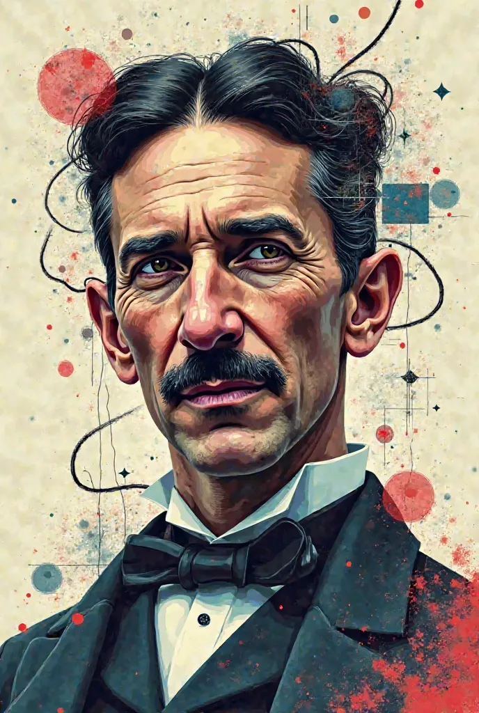 A whimsical and fragmented portrait of Nikola Tesla, blending semi-realistic and vector art styles. 