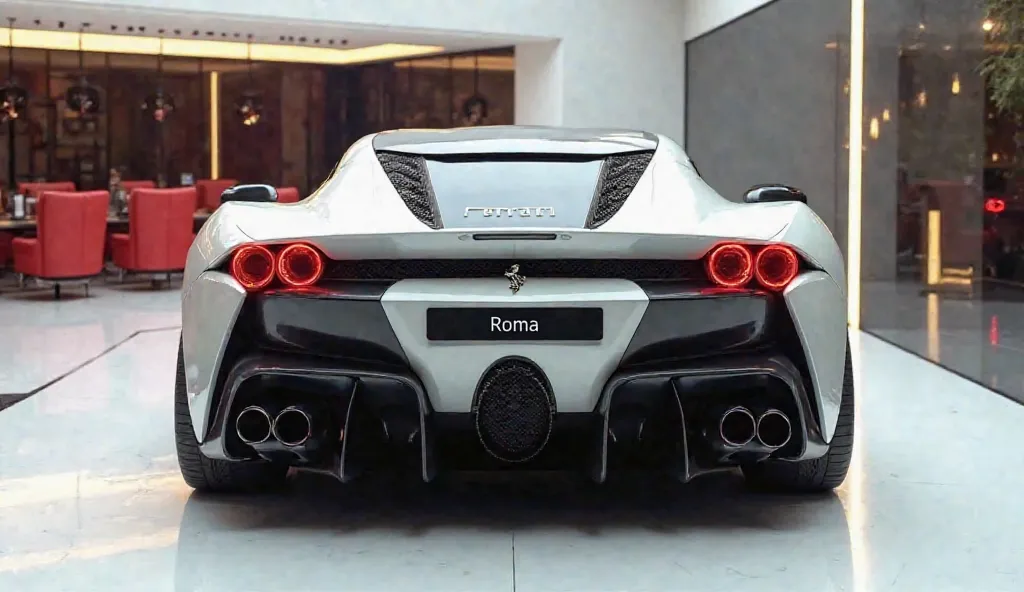 create an ultra-detailed 3D render back bumper view, of a modern 2025 Ferrari Roma with a bold designy looking long like limousine captured from back bumper view. The car should feature a 'Gleamy oily white color and black accents with a 'Ferrari' logo on ...