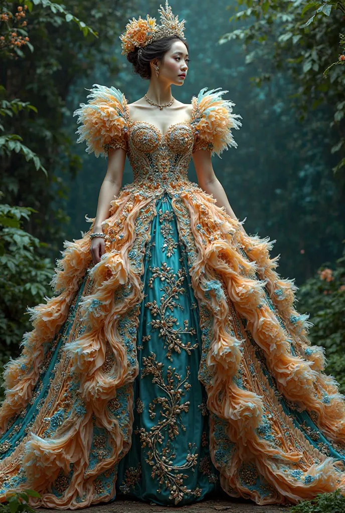 an extravagant dress inspired by lophophorous bird