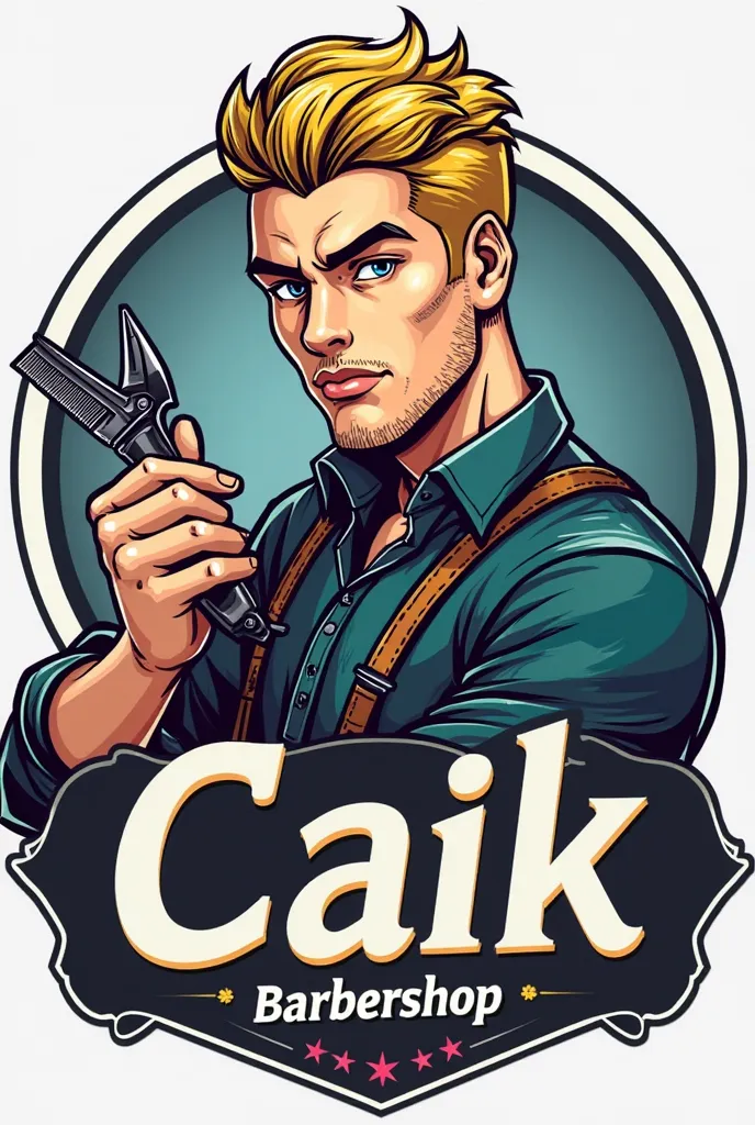 Barber shop logo spelled Caik BarberShop and a blond barber holding the hair clipper