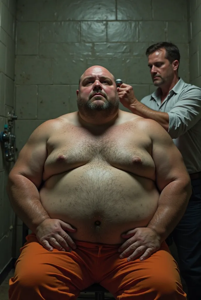 Shirtless chubby gay get headshave in prison,headshave,forced haircut,prisoner inmate,realistic,orange prison pants,jail