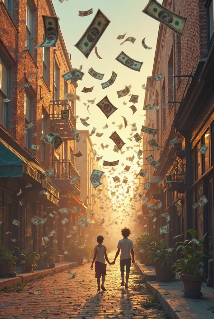 money flying in the sky in a street with brick buildings during dawn