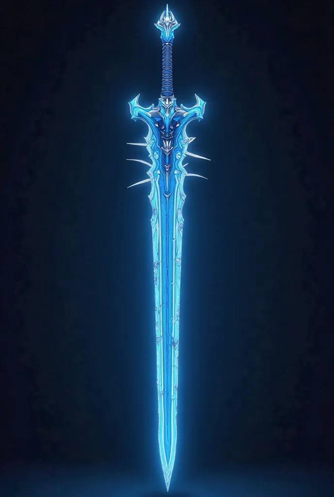 A blue heavy longsword made of blue parts, light blue neon lines in a shape on the blade, a white bone gauntlet on the bottom of the blade with light blue neon spikes, light blue parts in a wavy shape above the handle, light blue neon parts on the sides of...