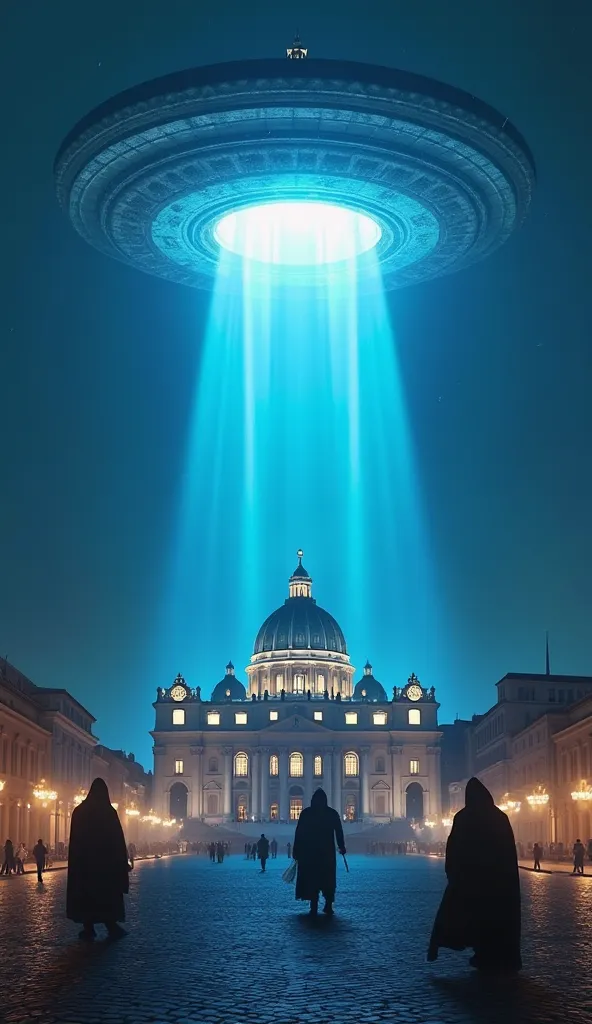  A giant alien ship descends on the Vatican during the night ,  projecting a beam of bright blue light that envelops the dome of San. pedro, while hooded figures watch from the square  .

