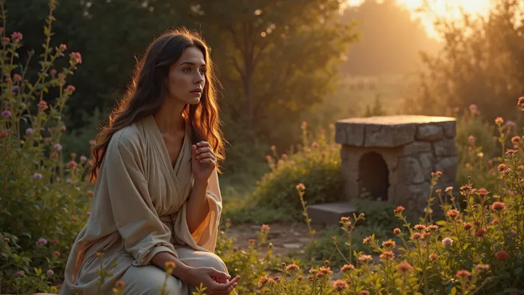 "Mary Magdalene in a simple garden, kneeling before a stone altar. Her face shows deep repentance and spiritual strength, dressed in a humble robe. Flowers and greenery surround her, with soft rays of divine light casting warmth upon her, as the early morn...