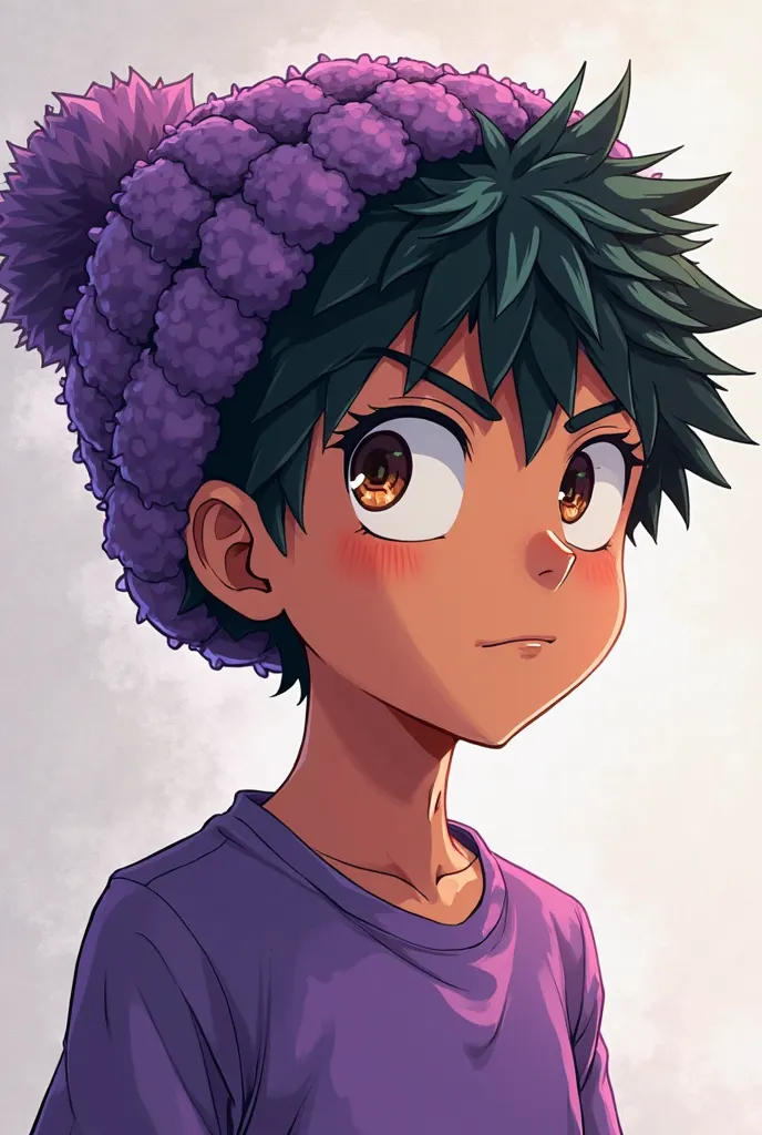  boy with a purple beanie and shirt with brown skin and short black hair under the beanie with brown eyes and he has a teleport quirk from my hero academia 