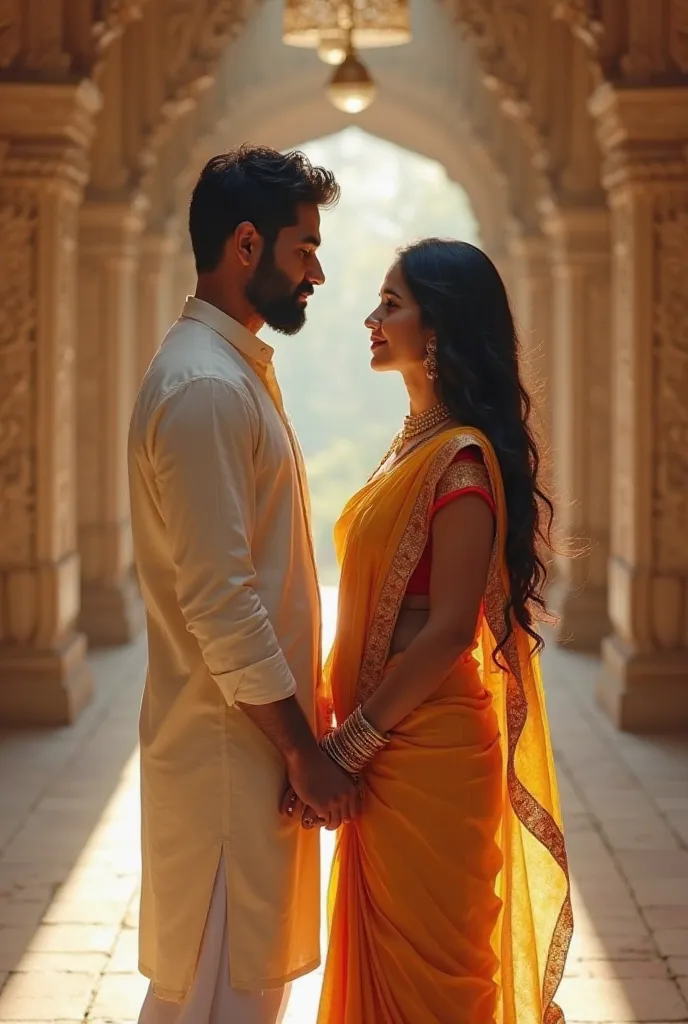 In a peaceful temple surrounded by soft light and ancient walls, two true lovers stand close, hands gently intertwined in stunning 3D realistic 4K Ultra HD. The man, with a well-groomed beard, wears a simple yet elegant kurta in cream, paired with traditio...