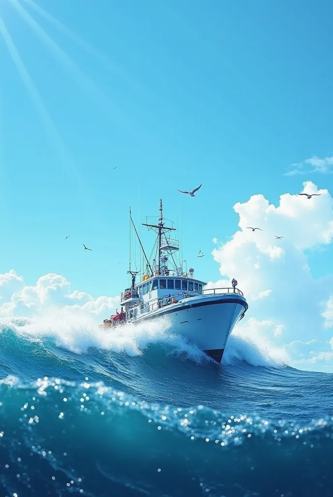 A dramatic scene of a medium-sized fishing ship navigating through the open sea on a sunny day. Positioned centrally, the white ship faces slightly to the right as it rides over large rolling waves. The water glistens under bright sunlight, creating a spar...