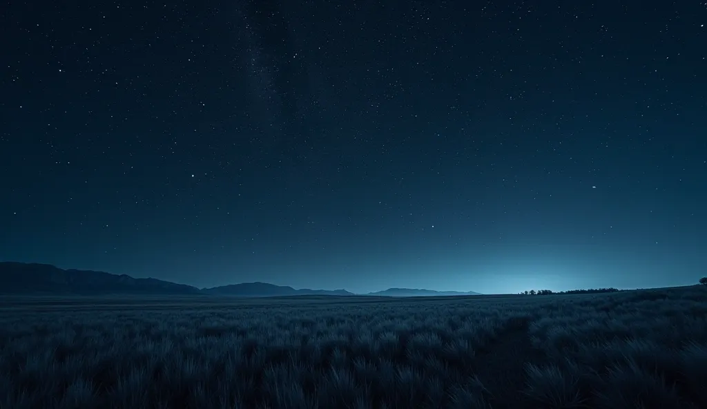 “A vast open grassland under a star-filled night sky, where countless stars twinkle brilliantly. The landscape stretches endlessly.Absolute silence fills the air, creating a serene and otherworldly atmosphere. just the infinite night and the gentle, untouc...