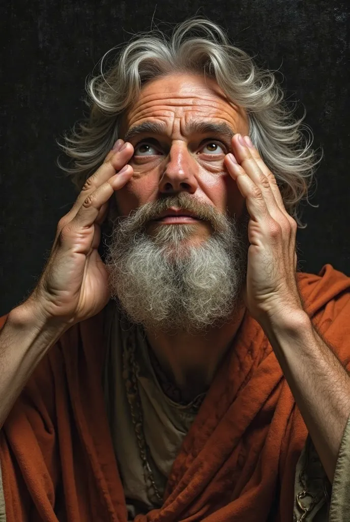 close-up of the face of the apostle Saint Peter (apparently 50 years old), with gray hair, looking up with his eyes, using his hands to shield himself from a strong light, and his mouth closed, as if he were a painting by Rembrandt van Rijn