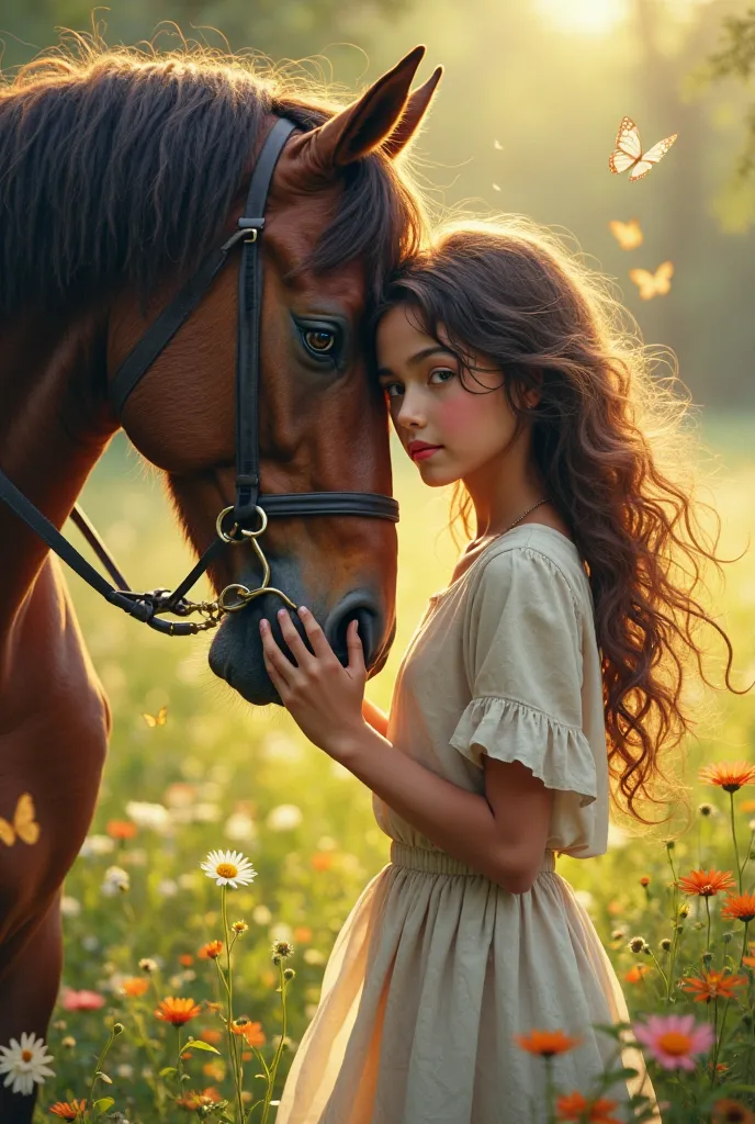 Amna a thin girl with brown curly hair with a horse 